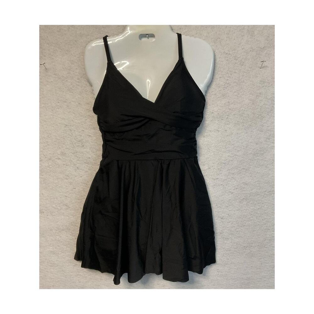 Shaperin Swimdress Womens Small Black Spaghetti Strap Skirted One Piece Swim